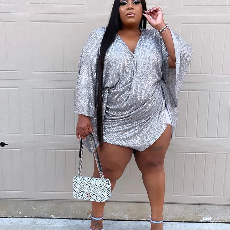 

Dress Plus Size Party Birthday Dresses High Waist V Neck Batwing Sleeve Sexy Sequin Mini Silver Dress Wholesale Dropshipping