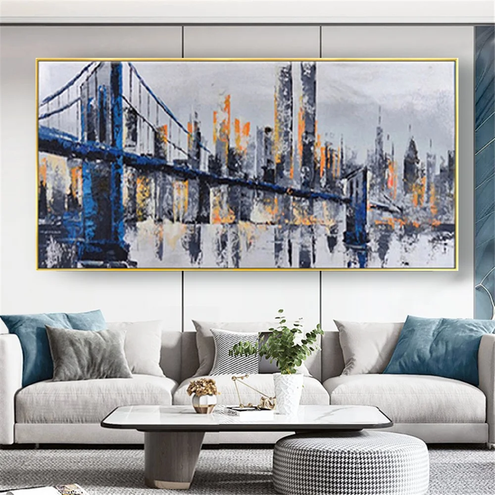 Prague Bridge Picture Hand-painted Oil Painting Modern Home Decor Canvas Painting Abstract City Landscape Wall Art on Room Decor