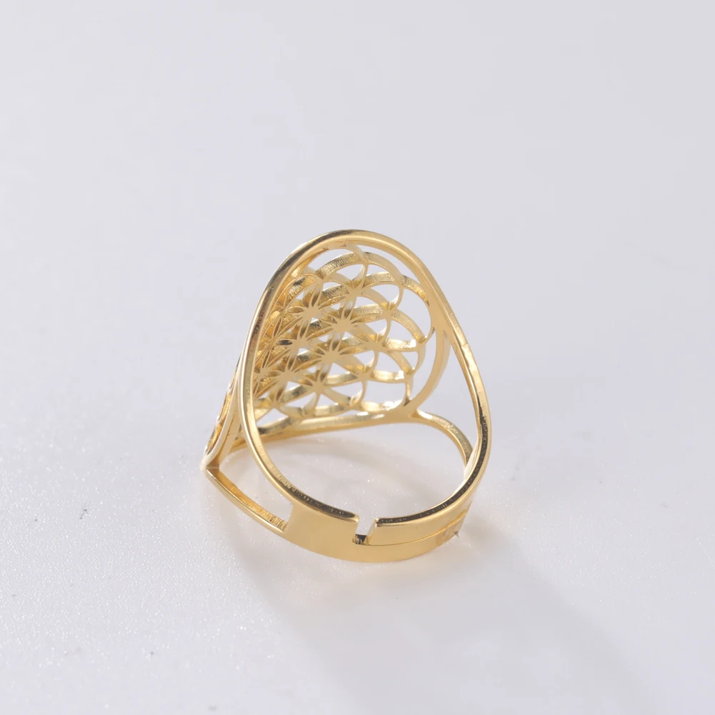 Skyrim Simple Hollow Flower of Life Ring Adjustable Gold Color Stainless Steel Finger Rings for Women Jewelry Gifts Wholesale