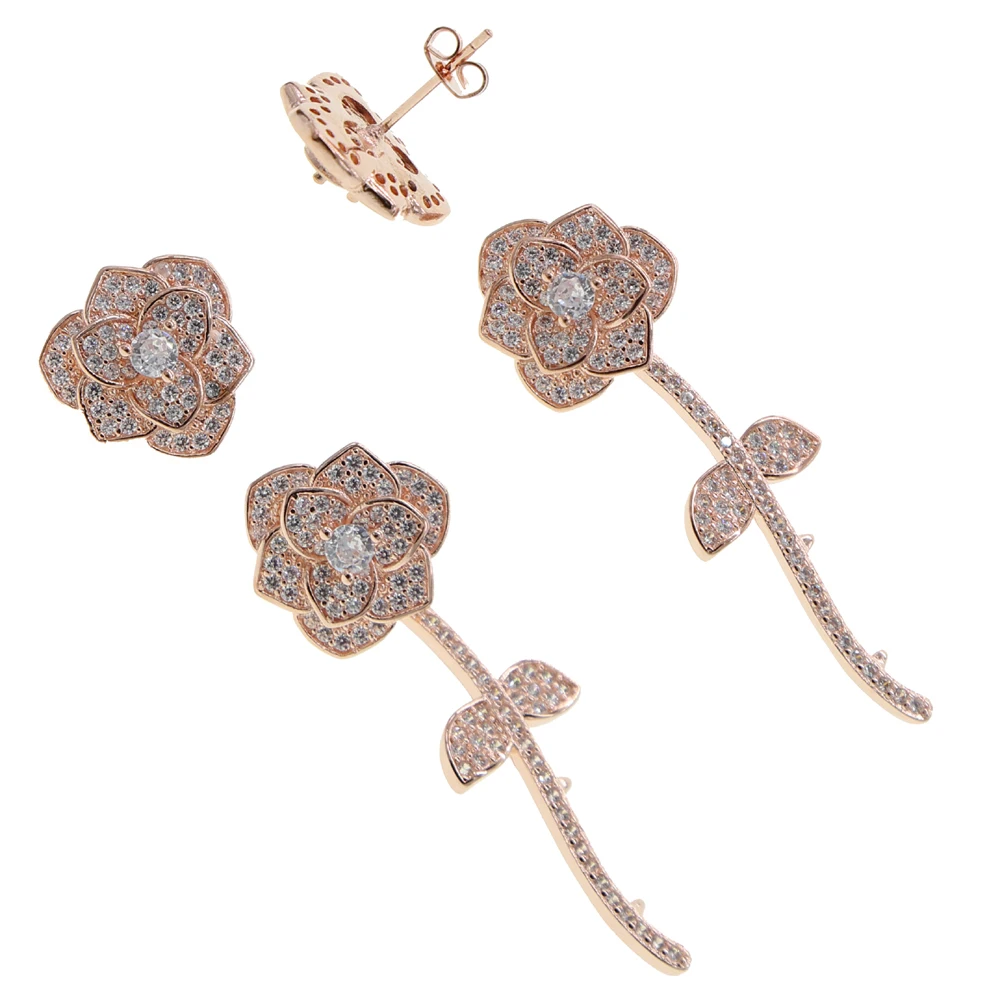 valentine's gift fashion jewelry micro pave iced out cz stone rose flower mismatched earring