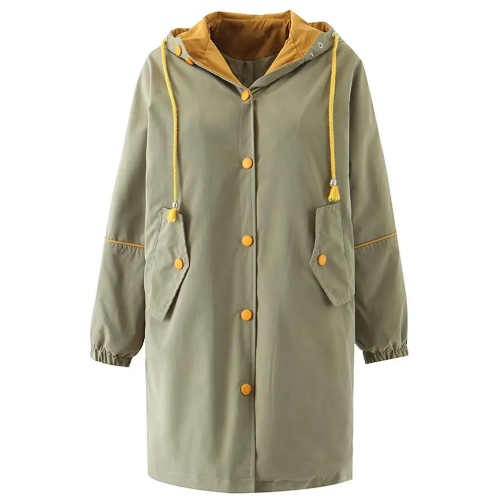 

Women's Slim Fit Hooded Jackets Button Closure Windbreaker Overcoat with Drawstring