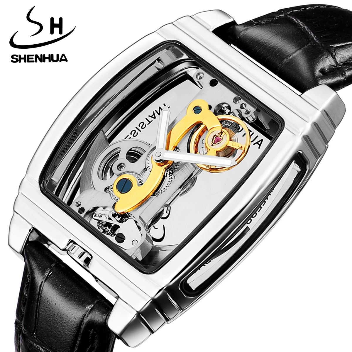 SHENHUA Rectangle Luxury Men Transparent Skeleton Unique Automatic Waterproof Mechanical Self-Wind Watches Luminous Clock Male