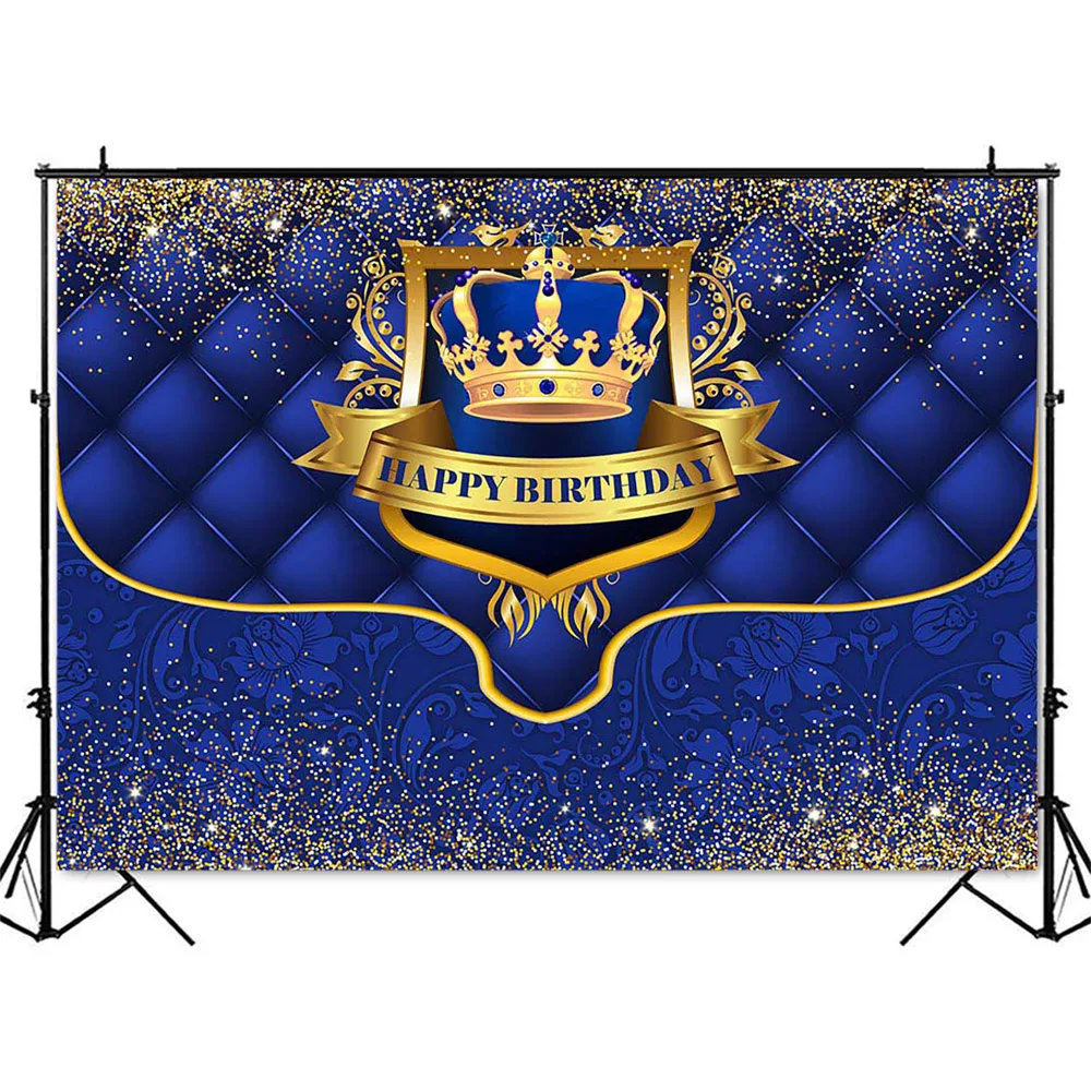 Royal Blue Crown Birthday Backdrop for Gold Glitter Newborn Kids Boys Photo Background Photoshoot Dark Blue Decorations Banner