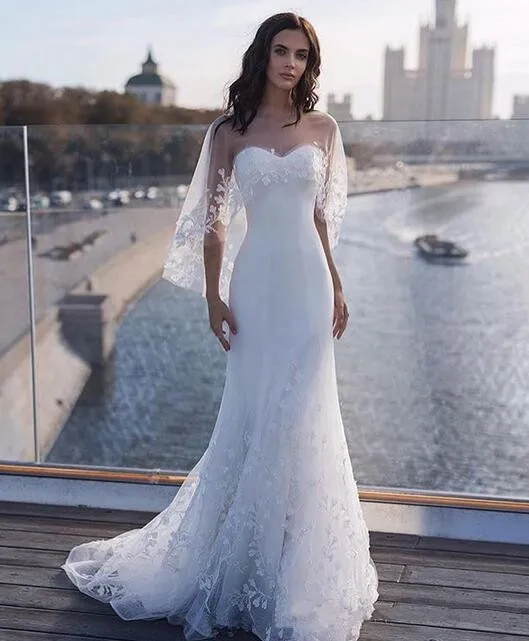 Nuovi abiti da sposa a sirena araba scollo a cuore Tulle bianco con Appliques cerniera posteriore Sweep Train Country abito da sposa robes