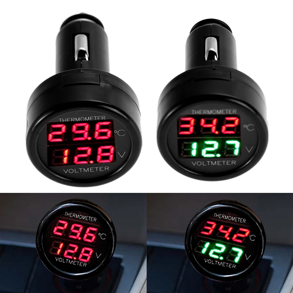 12V 24V Digital Car Voltmeter Thermometer Cigarette Lighter Style 2 in 1 Battery Monitor Voltage Temperature Meter