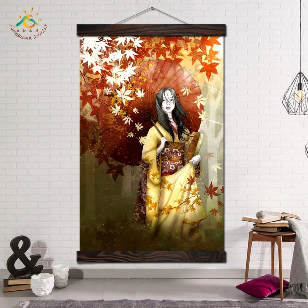 

Japanese Cute Kimono Woman Wall Art Canvas Framed Print Painting Vintage Posters and Prints Wall Pictures Modern Home Decoration