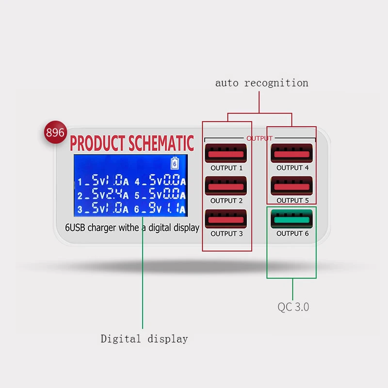 8A QC3.0 USB Charger with LCD Display 6 Ports Desktop Mobile Phone Charger Smart Fast Charging for Smart Phones Tablet PC