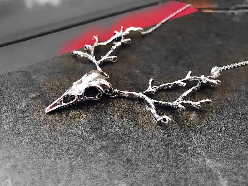 Bird Skull Statement Necklace branch silver color Crow Raven Witch Jewelry Gothic Gifts Choker For Women nature Fashion Pendanls