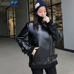 Black Biker Coat Winter Women Leather Jacket High Quality Thick Warm Lambswool Jackets Zipper Sashes Fashion PU Jacket Female