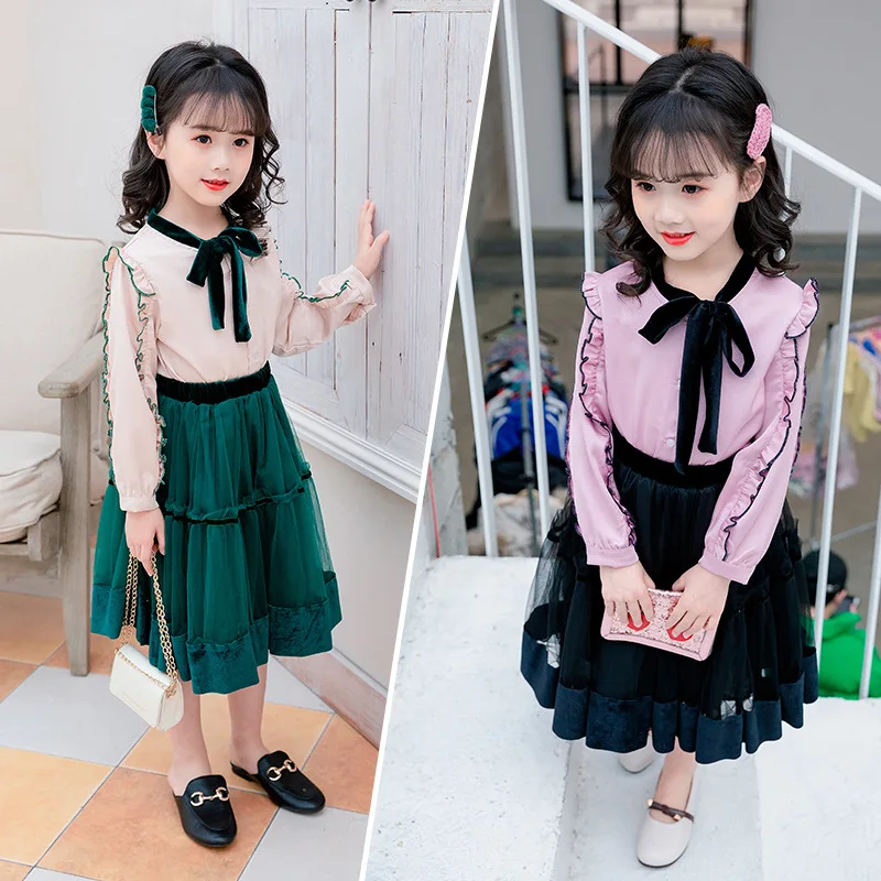 Toddler Kids Clothing Set Children Girls Autumn Bow Shirt Mesh Skirt Sweet Costume Teen Girls Outfits 3 4 5 6 7 8 10 12 14 Years