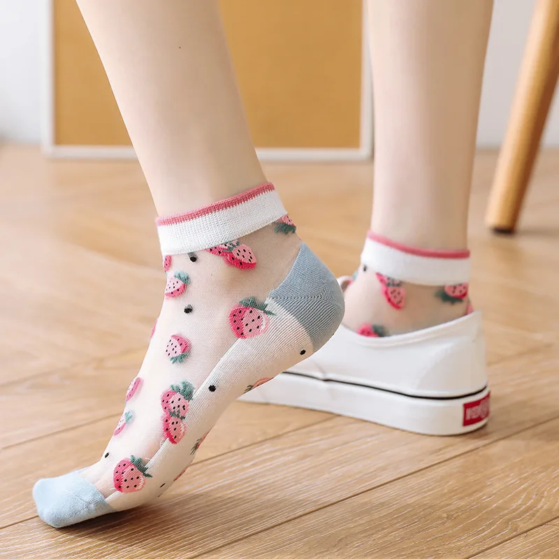 5 pairs of summer new style glass silk stockings crystal silk women's socks transparent cartoon ice silky cotton socks