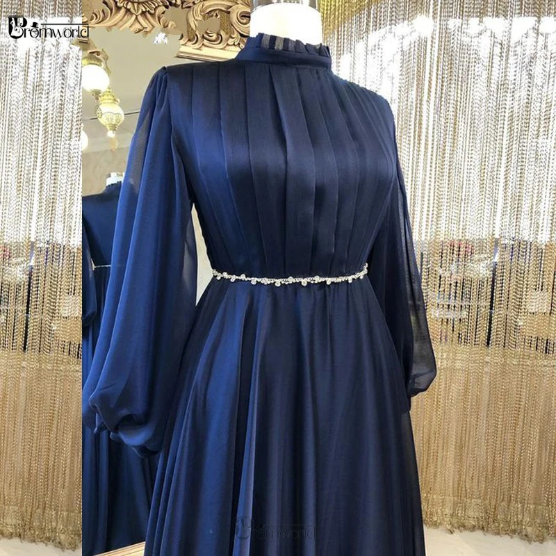 Elegant Navy Blue Muslim Evening Dresses Long Sleeves A-Line Women Formal Gowns 2024 Crystal Chiffon Prom Dress Robes De Soirée