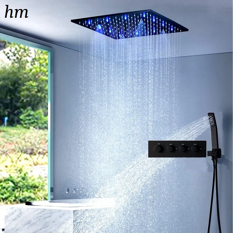 hm Modern 20 Inch Embed Ceiling Rain Mist Black Shower Faucet Set Constant Temperature Mixer Valve With Hand Held Showerhead