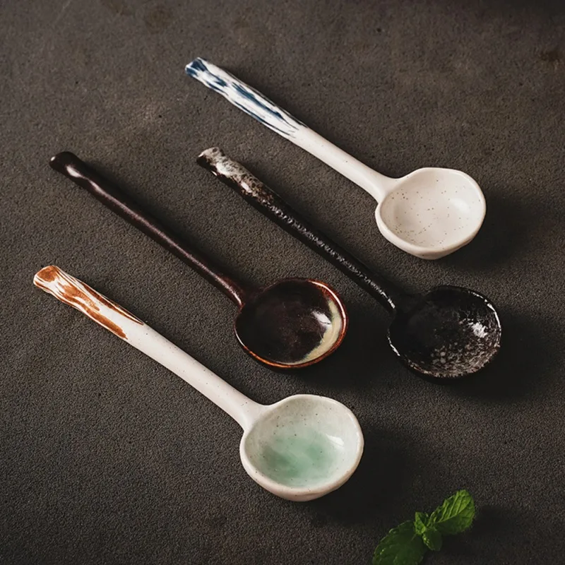 Chinese retro style Ceramic spoon Japanese Dessert Tea Coffee soup spoon Tableware Kitchen utensils