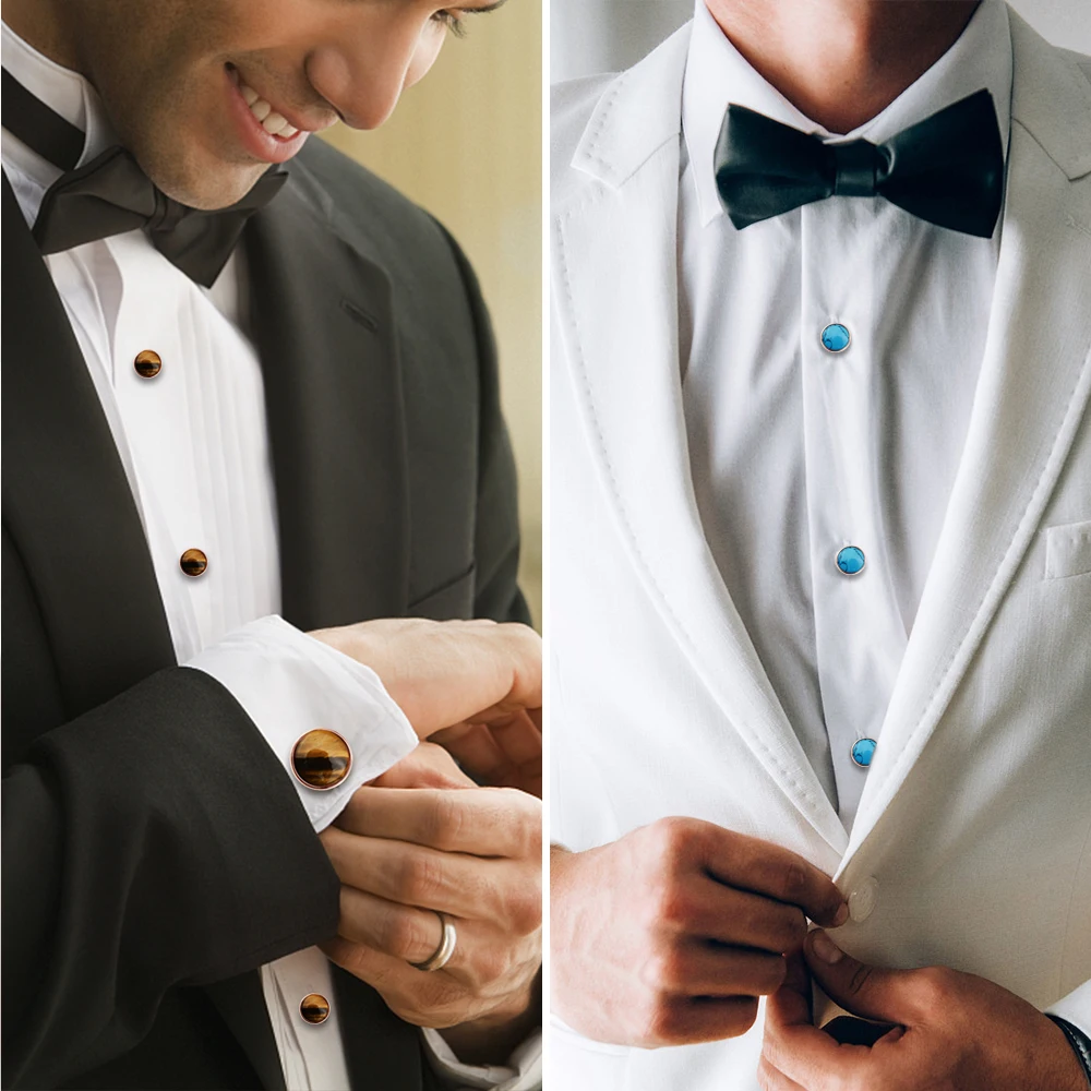 Cufflinks and tuxedo studs Set for Men with Gift Box, Mother-of-Pearl Cufflinks set for French Cuff Shirt, jewelry gifts for men