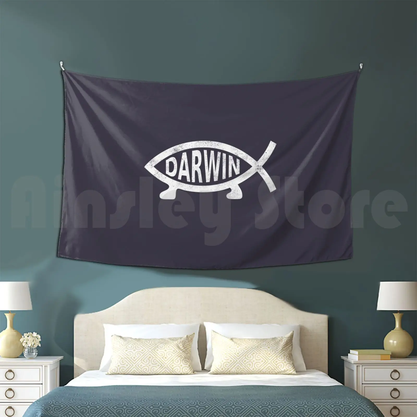 Darwin Fish ( Distressed Design ) Tapestry Living Room Bedroom Religion Atheism Catholicism Islam Judaism Christopher