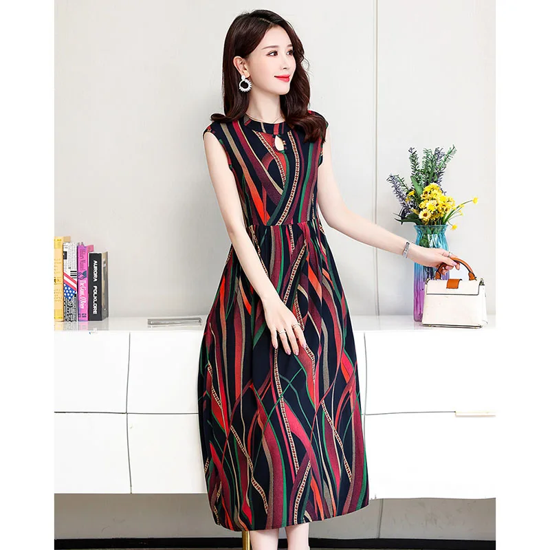 Middle-Aged Mother Summer Women's Dress Printed Sleeveless Cotton Silk Dresses Floral Fashion Long 2022 Female Dresses Size 4XL