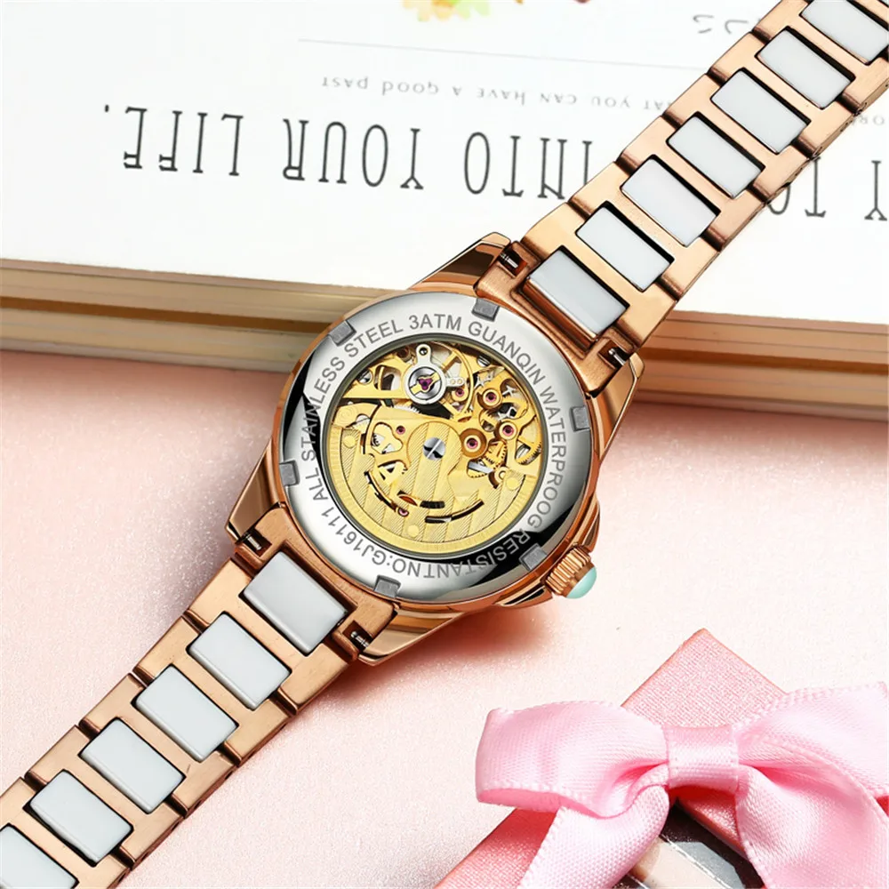 Guanqin 2020 Horloge Vrouwen Automatische Rhinestone Dress Top Brand Luxe Keramiek Rose Mechanisch Horloge Waterdicht Bayan Kol Saati