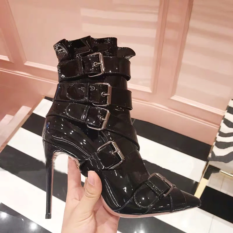 Ladies ruffles top Buckle Belt Pointed toe Ankle Boots Women Patent Leather Boots Thin High Heels Short Bottines Shoes