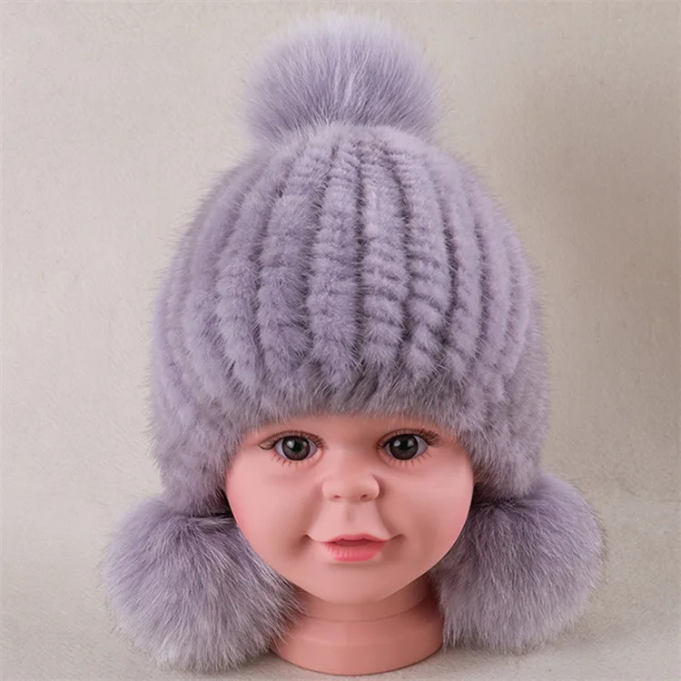 New Arrival Winter Hat for Baby Girl Boy Child Caps of Real Mink Fur Cap with Big Pompom Ball Fashion Warm Knitting Headwear H30