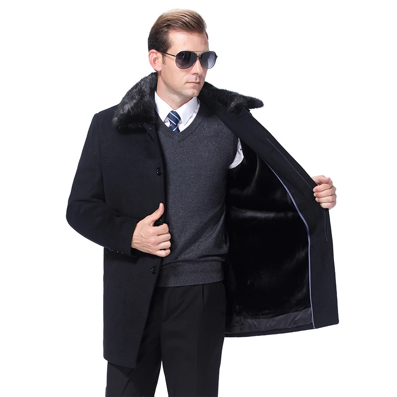 2022 Winter Men Woolen Coat Warm Wool Coat Men Overcoat Cashmere Peacoat Wool Blend Long Jacket Real Rabbit Fur Collar Fur Liner