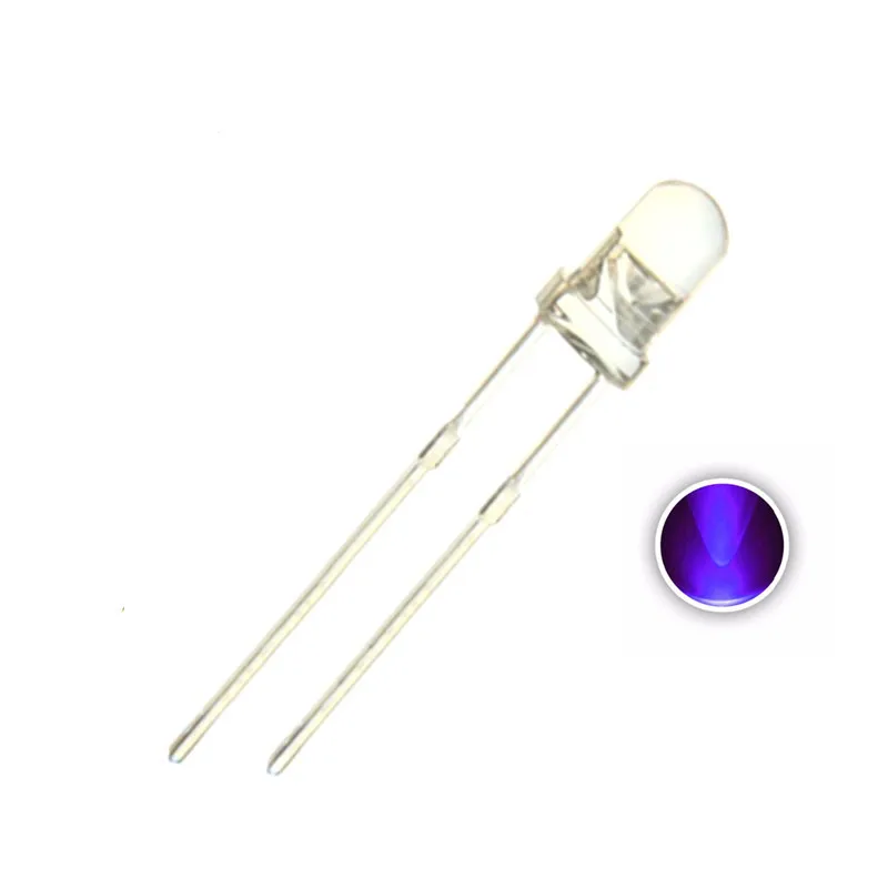 1000PCS, F5 5MM Purple UV DIP Led, Water Clear, Ultraviolet, 395nm-400nm, 20mA, 3.0V, Lamp Light Beads