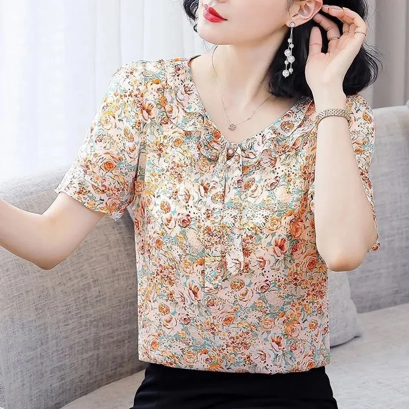 Women Spring Summer Style Chiffon Blouses Shirts Lady Casual Short Flare Sleeve Bow Tie Collar Chiffon Blusas Tops DF4116