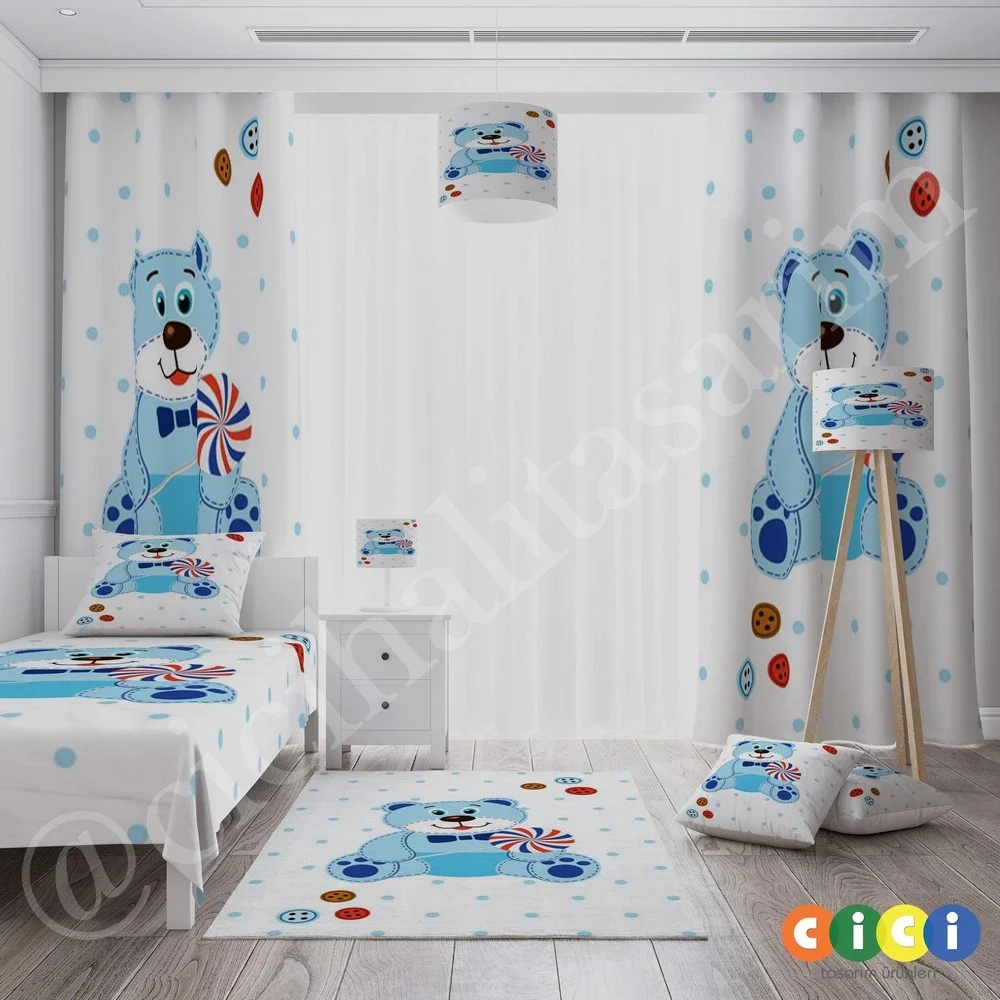 Cici Light Blue Teddy Bear, Polka Dot Children Room Curtain Backdrop Curtain