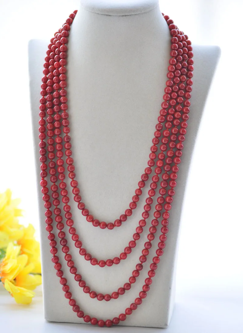 

S2395 100" Natural 6mm Round Red Coral Bead Necklace