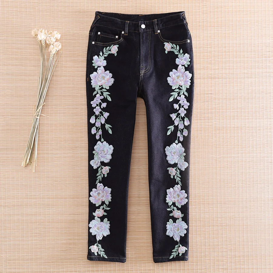

High-end Women Floral Slim Pants Vintage Royal Embroidery Lady Beautiful Spring Autumn Cropped Trousers Jeans Female S-XXL