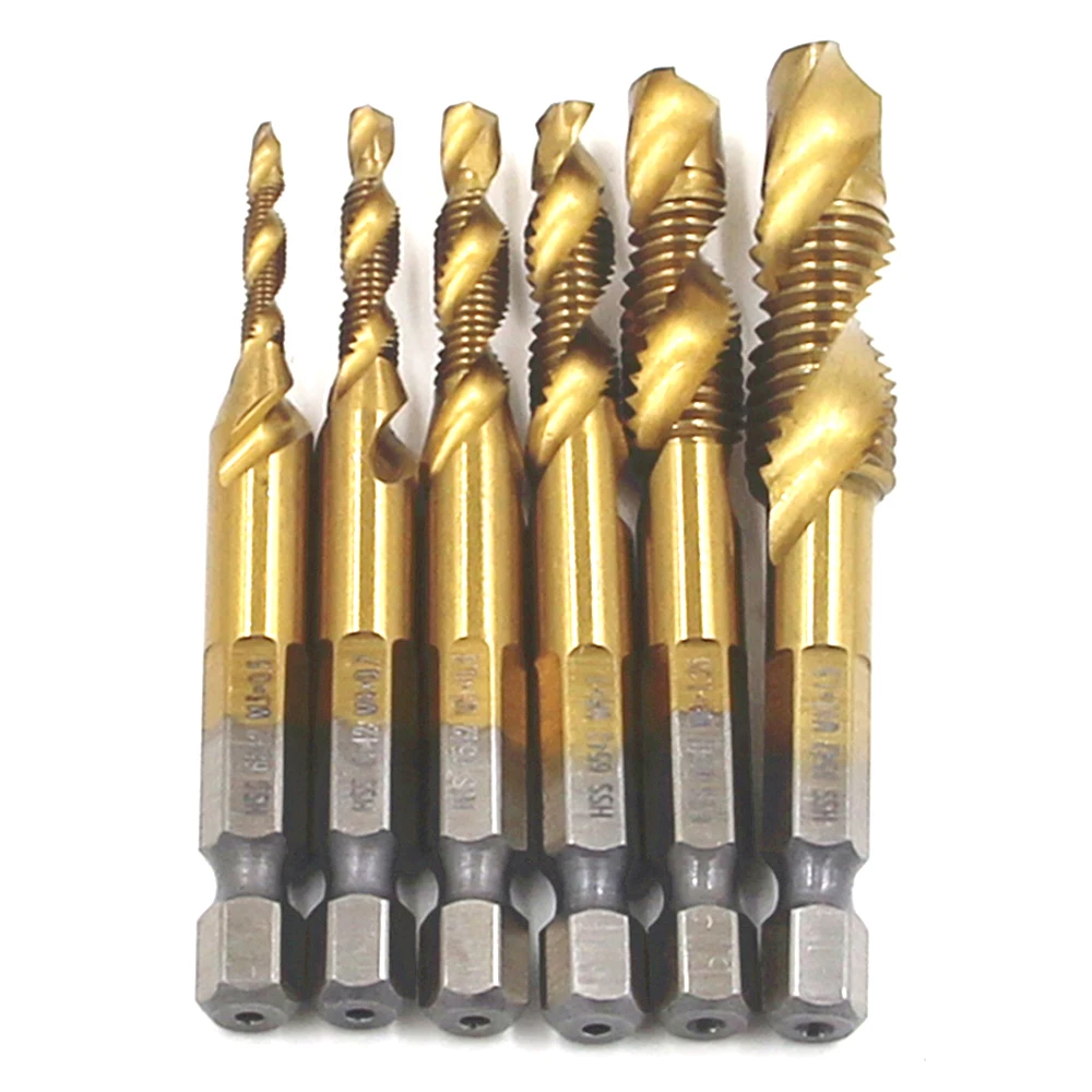 6 teil/satz Tippen Hex Schaft HSS 6542 Schraube Spirale Punkt Gewinde Metric Stecker Bohrer M3 M4 M5 M6 M8 m10 Kombination 1/4 Zoll Hex