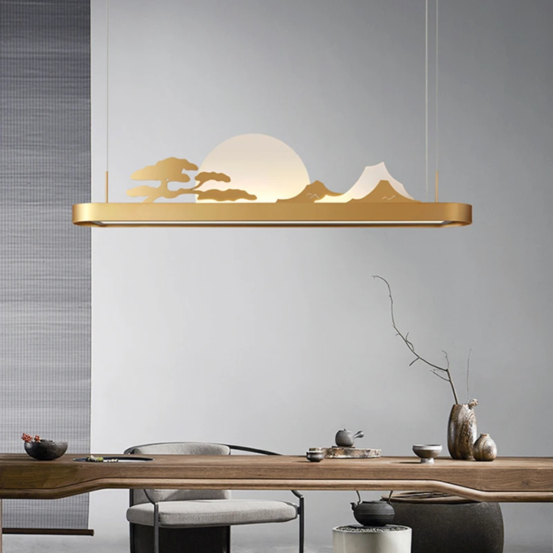 Wohnzimmer Kronleuchter Für Teehaus Studie Neue Chinesische Stil Golden Sunset Landschaft Dekoration Hanglamp Aluminium Hause Beleuchtung