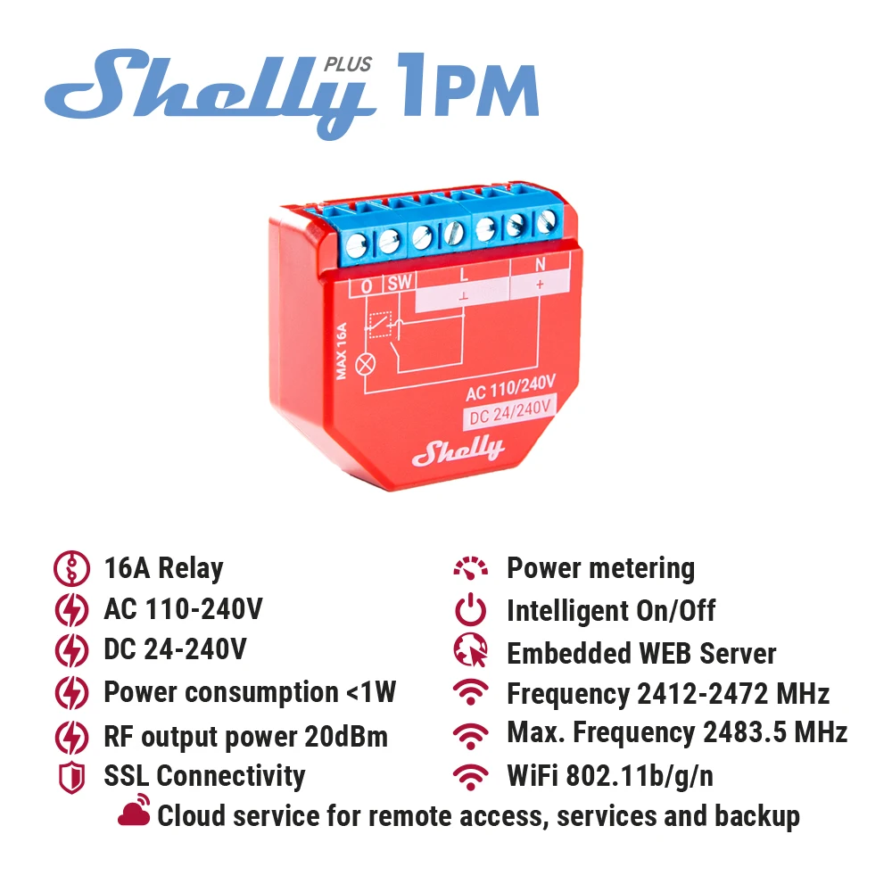 Shelly Plus 1PM Smart Home Life Relè WiFi Interruttore Controllo e misurazione della gamma di consumo energetico di apparecchi Attrezzature per ufficio