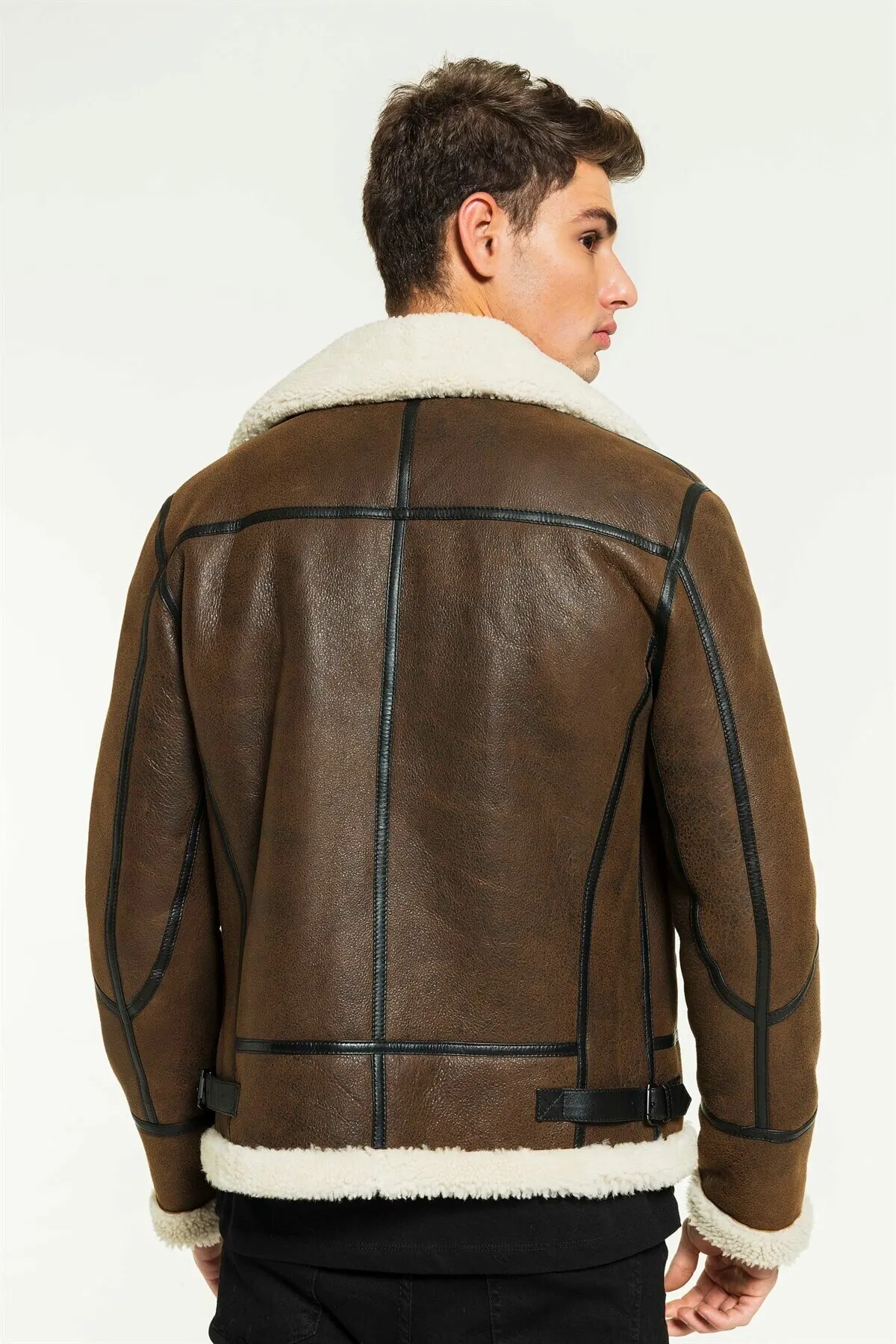 Men's Pilot Tan White Fur Leather Jacket Genuine Sheepskin Brown Jacket Winter Biker Coat Warm Coats Waterproof Casual Wear