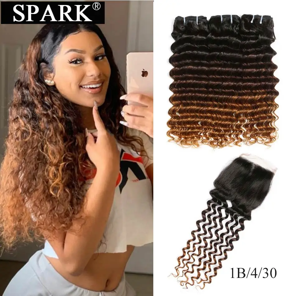 SPARK Ombre Brazilian Human Hair Weave Deep Wave Bundles With Closure Middle Part Remy Human Hair With Closure For Black Women