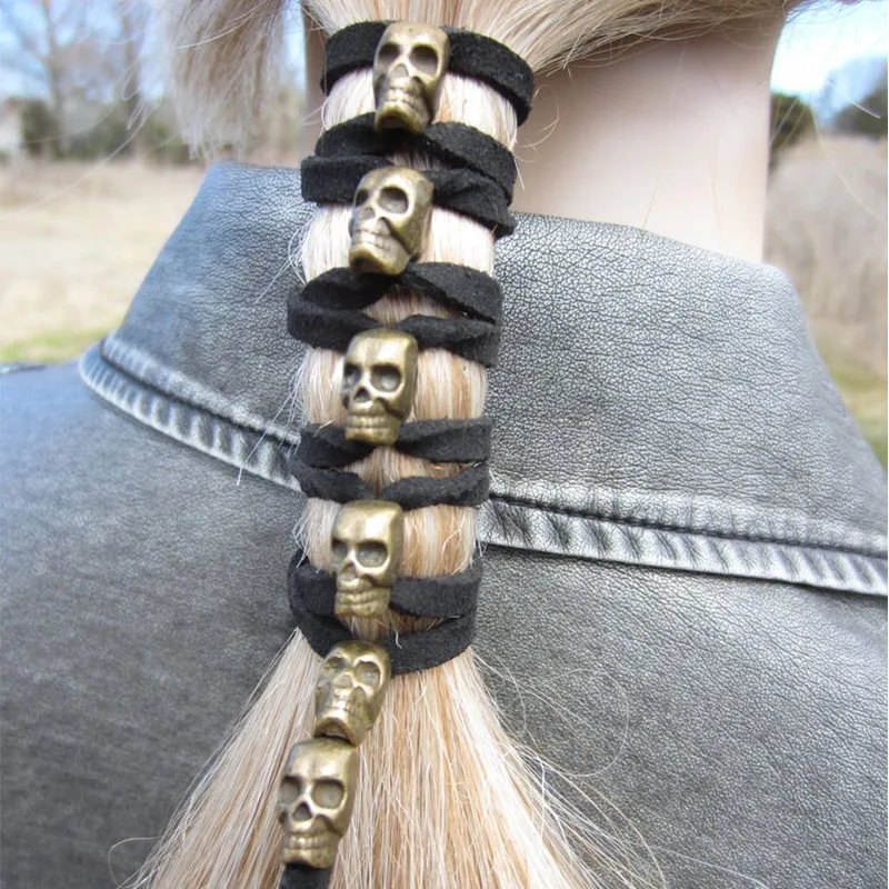 Skull Hair Jewelry Black Leather Hair Ties Ponytail Holder Biker Goth Punk Horror Wrap Extensions