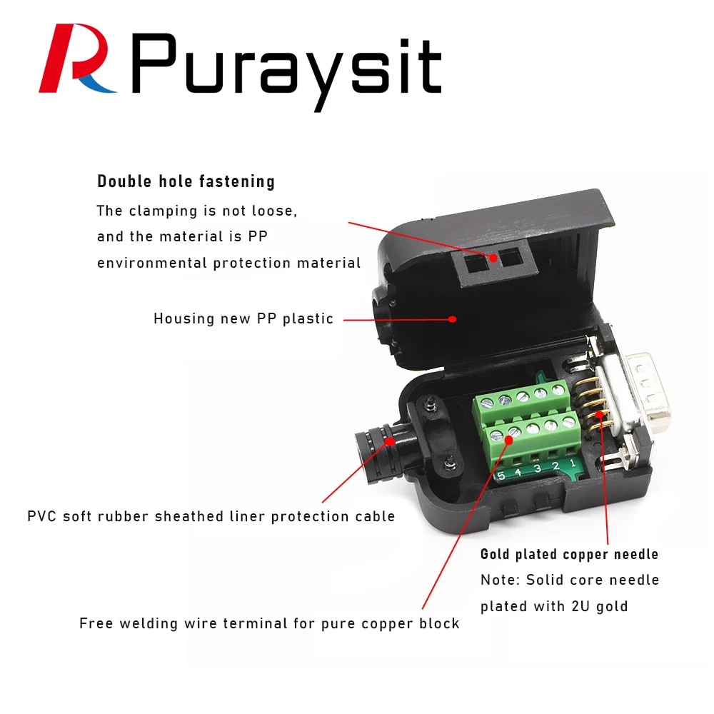 Puraysit DB9 Welding Free Head 2 Rows of DB9 Needle Serial Port COM Port Adapter RS232/485 Plug Male head Female head