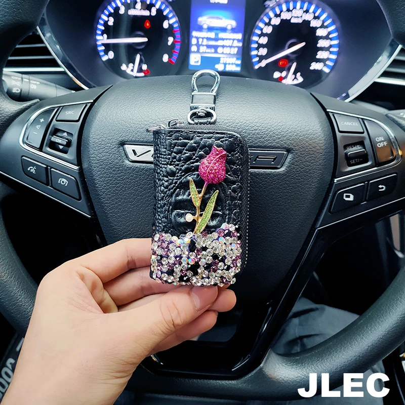 Luxury Flower Car Key Holder Storage Case Crystal Diamond Keychains Key Cover Remote Key Bag Wallet for BMW Lada Accessories