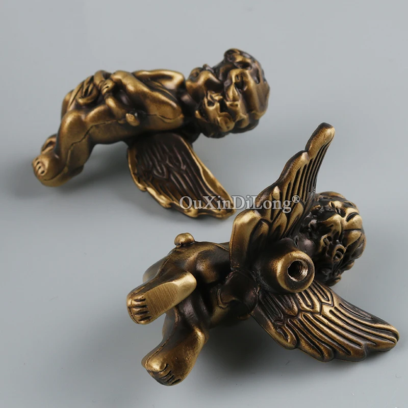 Retro 4PCS Solid Brass French Angel Furniture Handles Bronze Drawer Pulls Cupboard Wardrobe Closet TV Cabinet Pulls Knobs