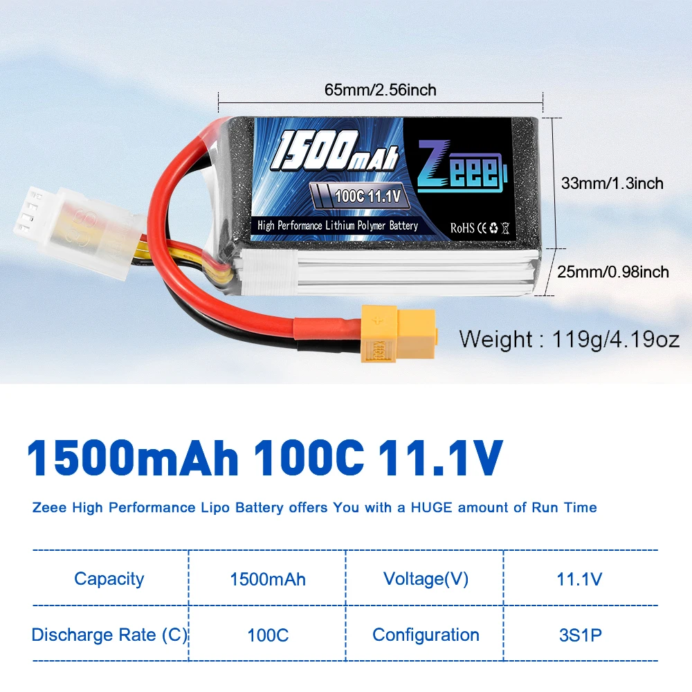 2PCS Zeee 11.1V 1500mAh 100C 3S Lipo Battery with XT60 Plug Softcase RC Battery for RC Car Quad Drone Truck Airplane FPV