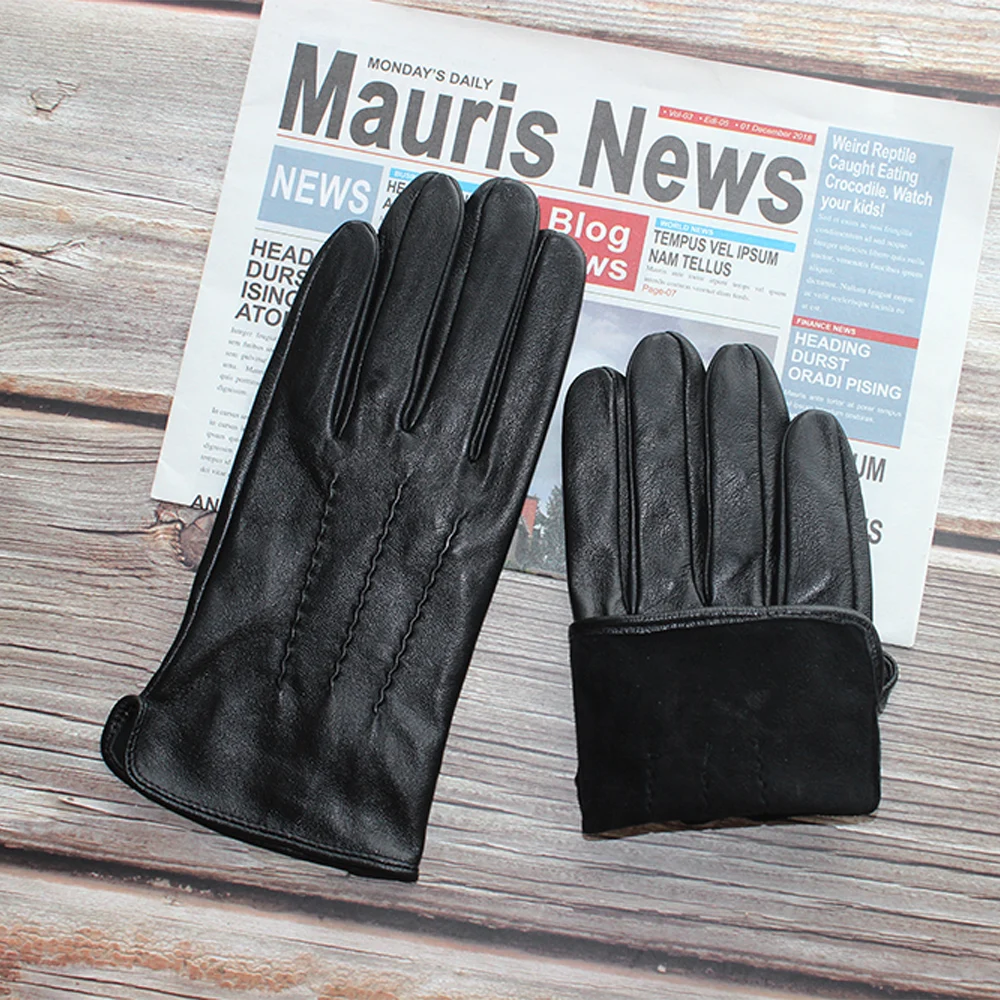 Touch screen sheepskin gloves men\'s leather fashion black single leather without lining high quality goatskin driving gloves