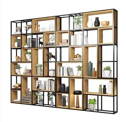 Iron art partition screen industrial wind display shelf solid wood living room bookshelf porch cabinet office decoration cabinet