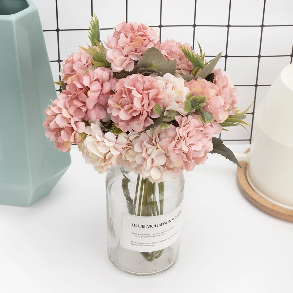 Silk Hydrangeas Artificial Flowers High Quality White Wedding Flowers Small Bouquet Fake Flower Party Home for Decoration Pink