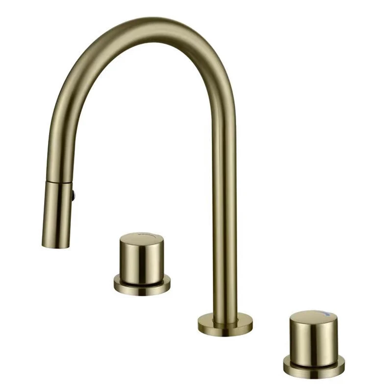 

Luxury Brushed gold brass bathroom sink faucet copper three holes two handle cold hot pull out basin faucet with spray