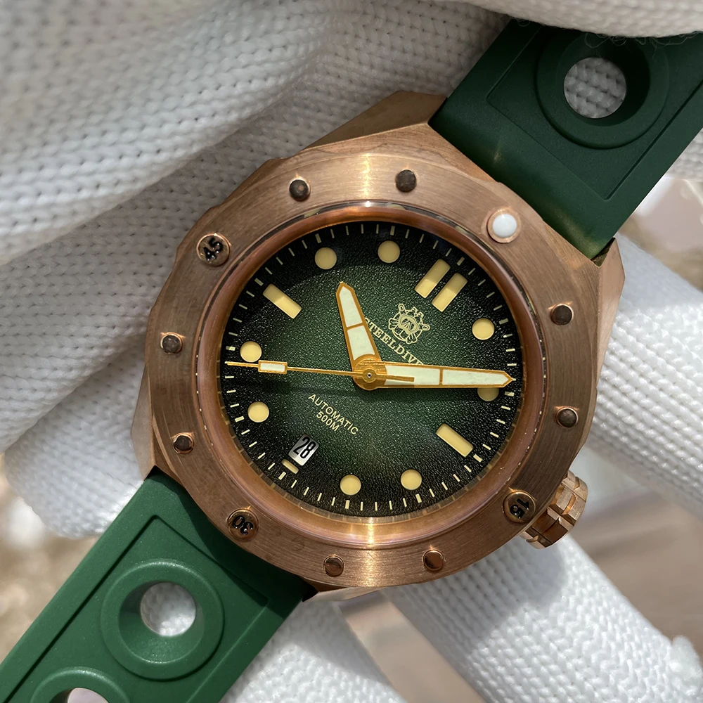 STEELDIVE SD1960S Big Turtle Men's Mechanical Watch Japan NH35 Automatic Green Surface CUSN8 Bronze 500M Waterproof Dive Watches