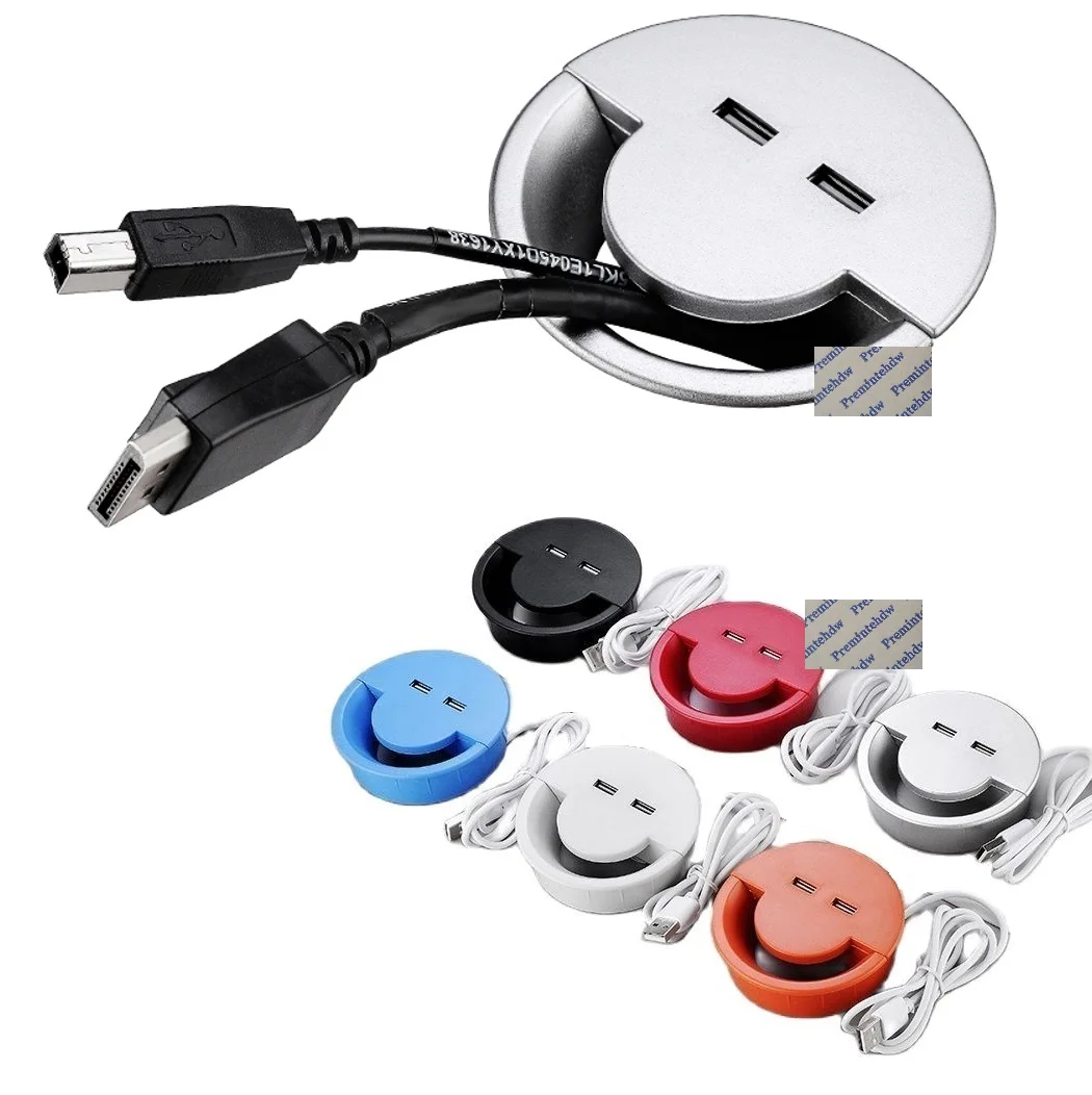 Round Plastic ABS Big Smile Design Desktop Cable Grommet With 2 USB Cord Tidy Hole Cover Organizer