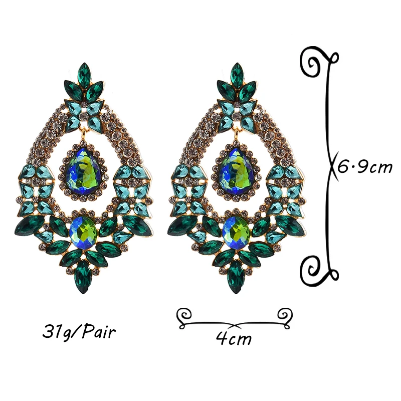 Crystal Big Earrings For Women Flower Pendant Blue Green Statement Earrings Large Rhinestone Earrings Party Jewelry