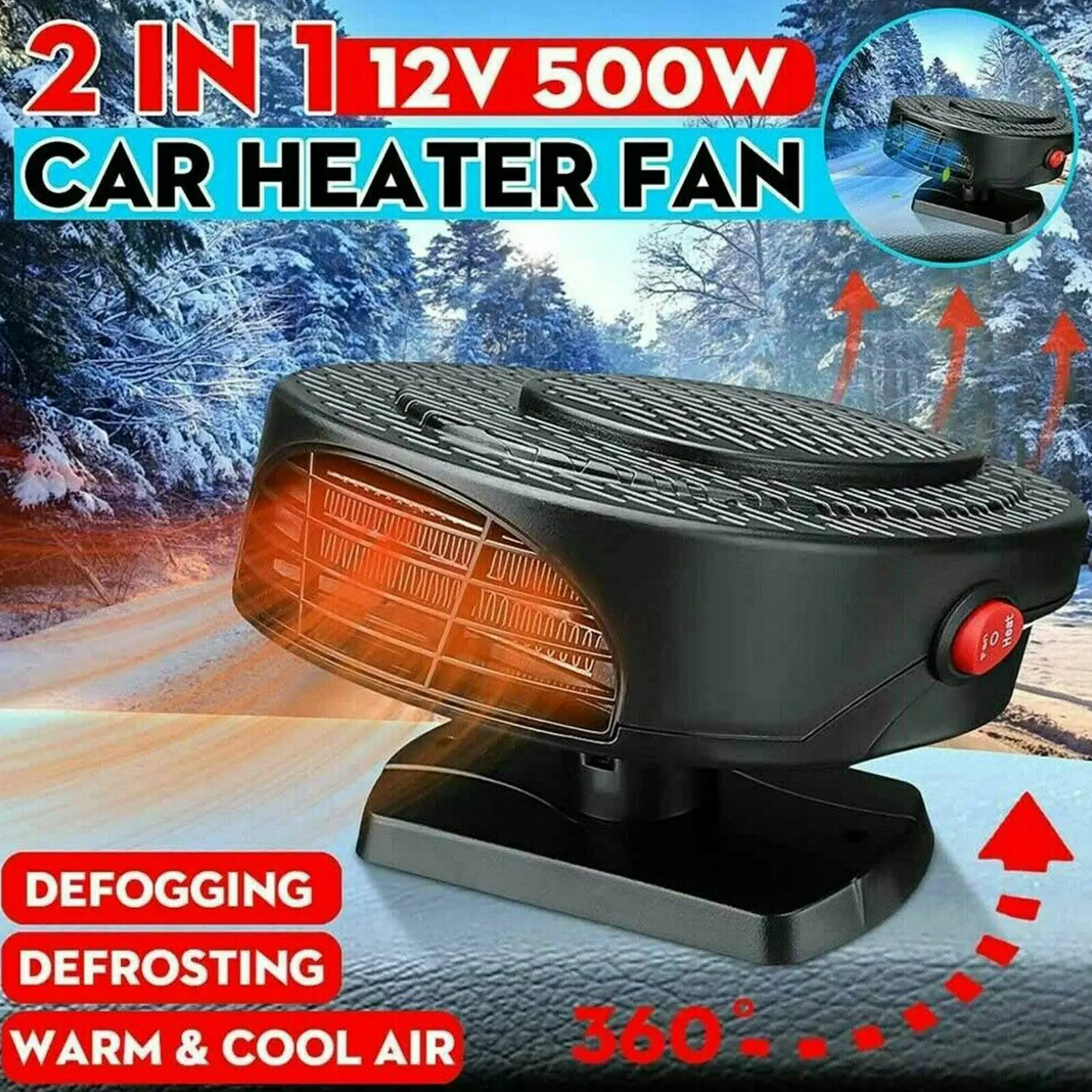 

12V 500W Protable Auto Car Fan Heater Removng Fog+Defrosting+Cool Air+Warm Air Driving Defroster Demister Heating Cooling Fan