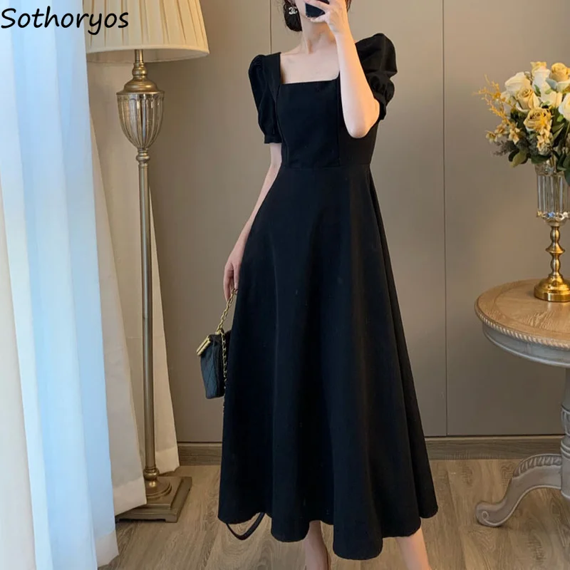 

Puff Short Sleeve Dress Women A-line Midi Dresses Black Streetwear Elegant French Style Sexy Defined Waist Square Collar Mujer