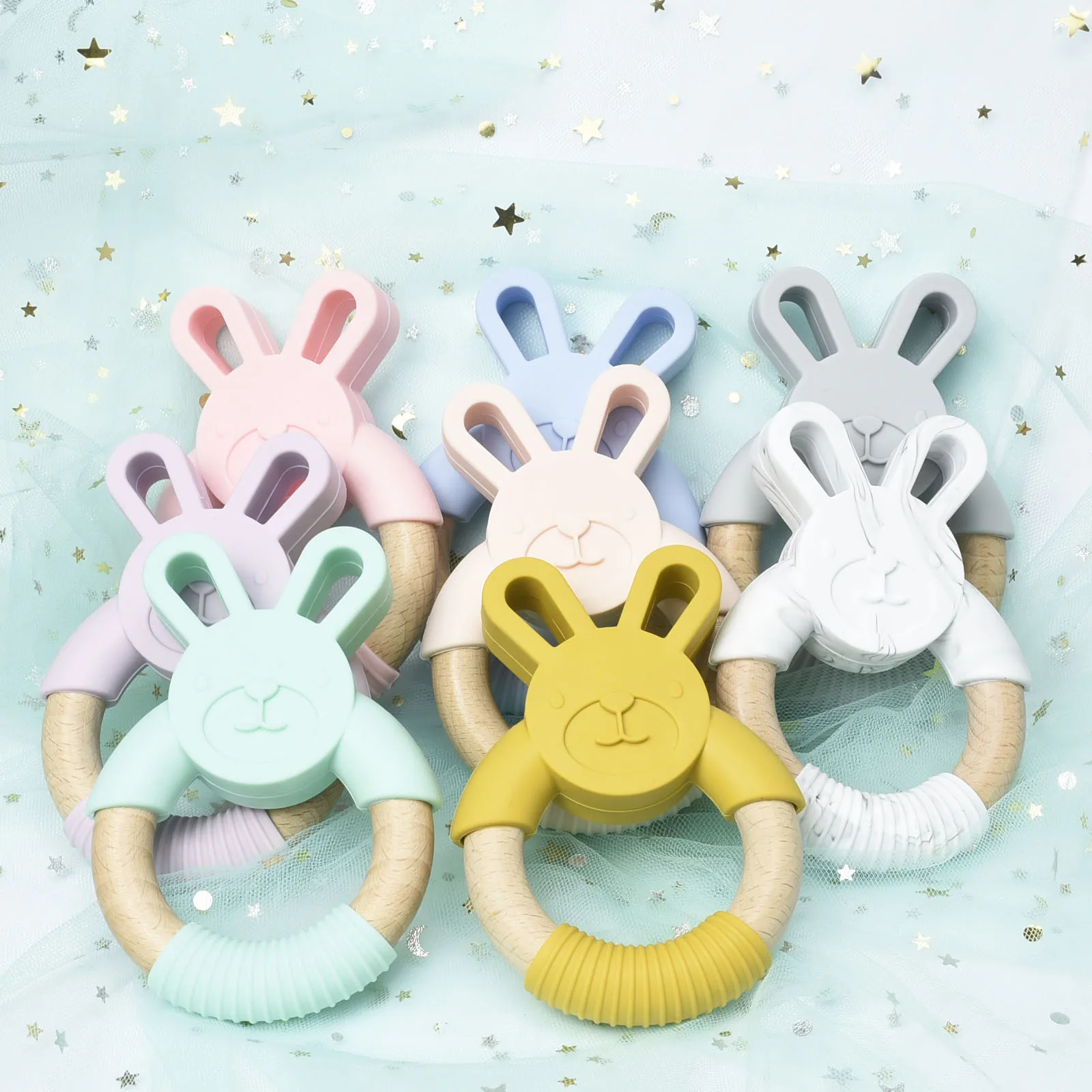 5/10 PCS Rabbit Silicone Wooden Teether Baby Animal Teether For DIY Baby Nursing Chewing Teether Chain Pendant Necklace Toy